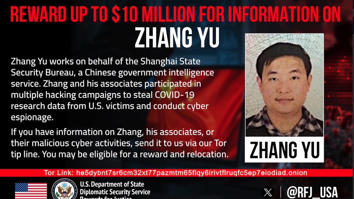 United States Offers Reward of Up to $10 Million for Information on Suspect in Hafnium Campaign